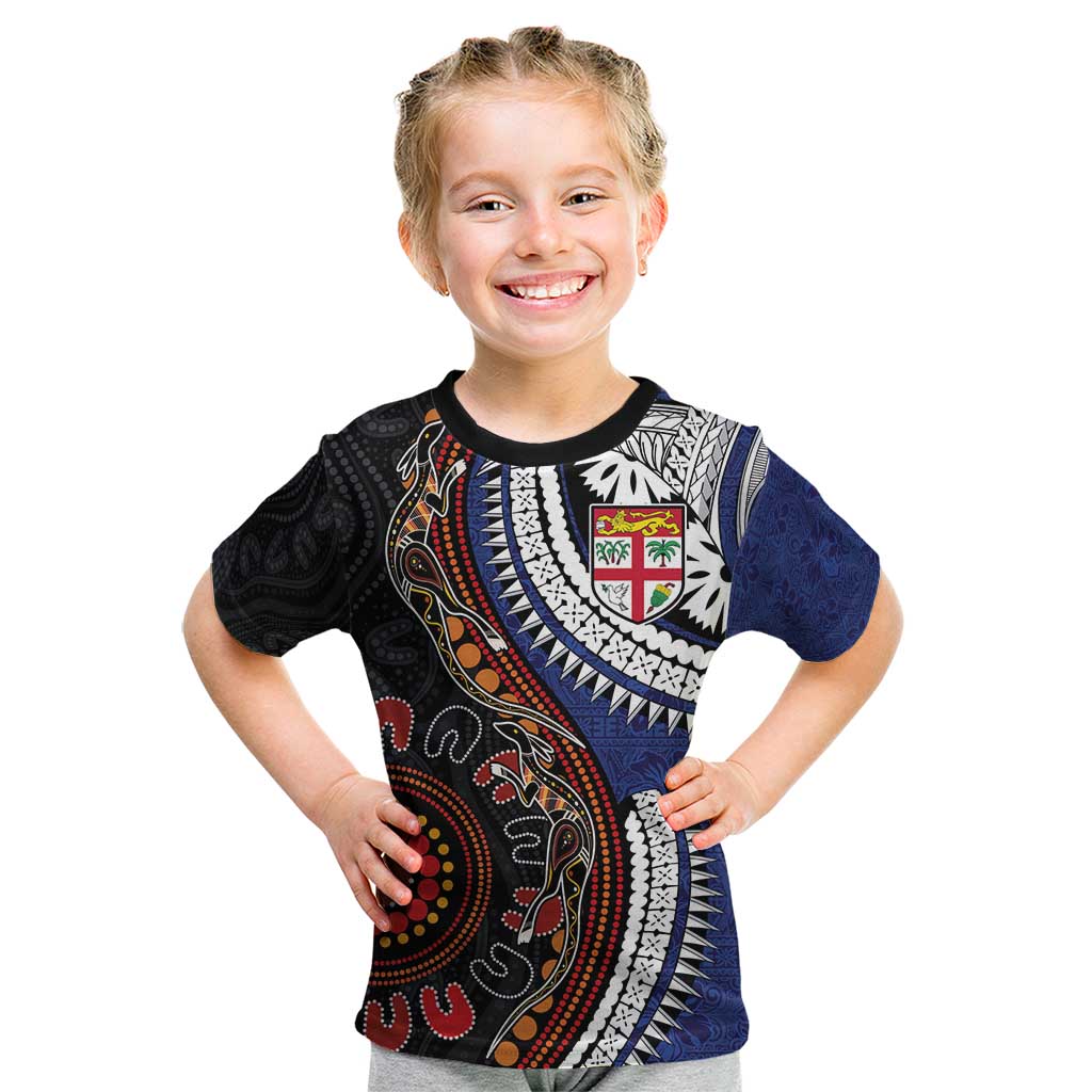 Fiji and Australia Together Kid T Shirt Kangaroo Aboriginal with Tribal Tapa Hibiscus Half Style - Aussie Hoodie