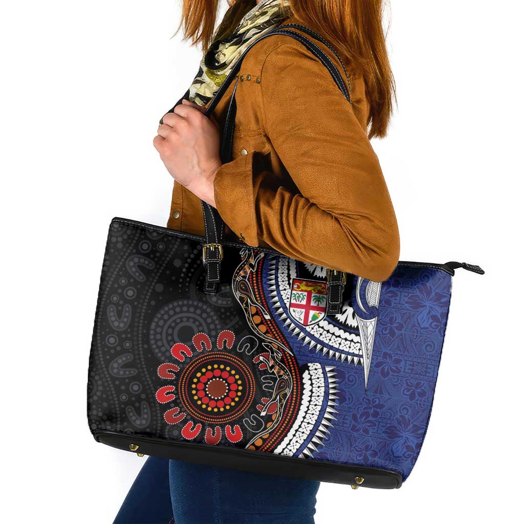 Fiji and Australia Together Leather Tote Bag Kangaroo Aboriginal with Tribal Tapa Hibiscus Half Style - Aussie Hoodie