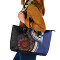 Fiji and Australia Together Leather Tote Bag Kangaroo Aboriginal with Tribal Tapa Hibiscus Half Style - Aussie Hoodie