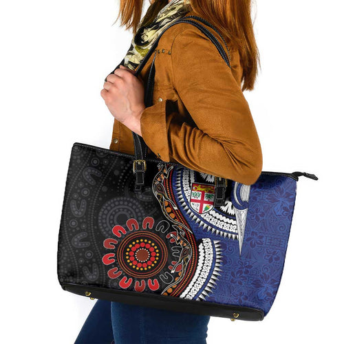 Fiji and Australia Together Leather Tote Bag Kangaroo Aboriginal with Tribal Tapa Hibiscus Half Style - Aussie Hoodie