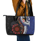 Fiji and Australia Together Leather Tote Bag Kangaroo Aboriginal with Tribal Tapa Hibiscus Half Style - Aussie Hoodie