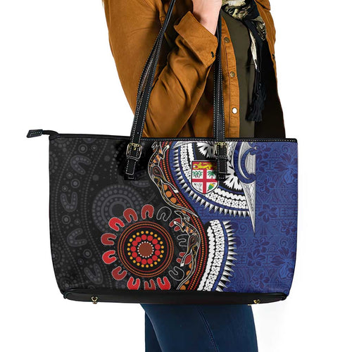 Fiji and Australia Together Leather Tote Bag Kangaroo Aboriginal with Tribal Tapa Hibiscus Half Style - Aussie Hoodie