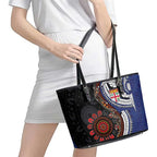 Fiji and Australia Together Leather Tote Bag Kangaroo Aboriginal with Tribal Tapa Hibiscus Half Style - Aussie Hoodie