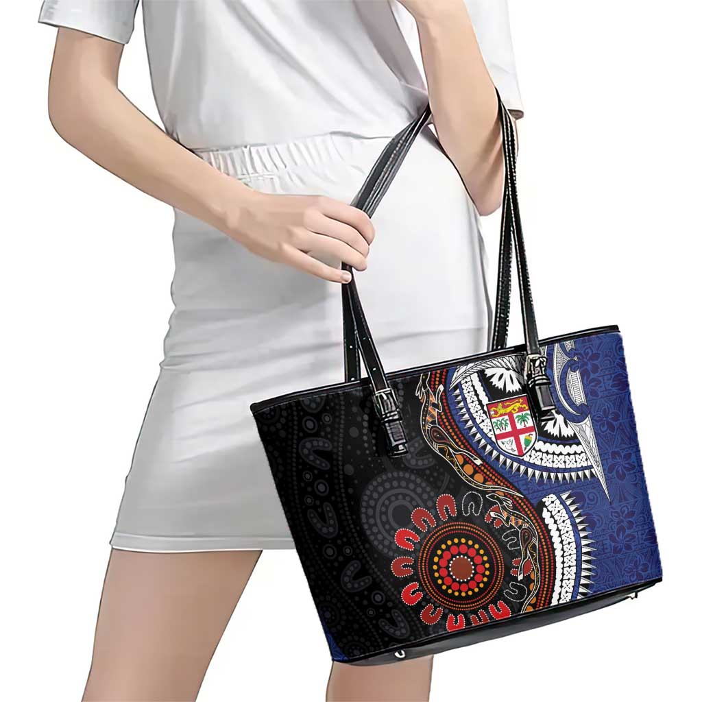 Fiji and Australia Together Leather Tote Bag Kangaroo Aboriginal with Tribal Tapa Hibiscus Half Style - Aussie Hoodie