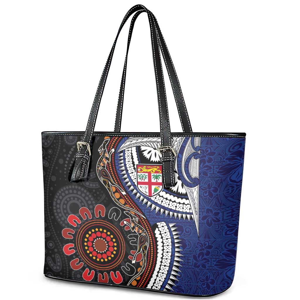 Fiji and Australia Together Leather Tote Bag Kangaroo Aboriginal with Tribal Tapa Hibiscus Half Style - Aussie Hoodie