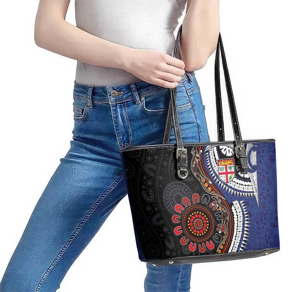 Fiji and Australia Together Leather Tote Bag Kangaroo Aboriginal with Tribal Tapa Hibiscus Half Style - Aussie Hoodie