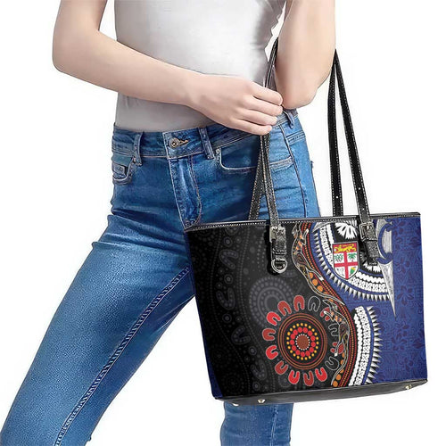 Fiji and Australia Together Leather Tote Bag Kangaroo Aboriginal with Tribal Tapa Hibiscus Half Style - Aussie Hoodie