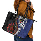 Fiji and Australia Together Leather Tote Bag Kangaroo Aboriginal with Tribal Tapa Hibiscus Half Style - Aussie Hoodie