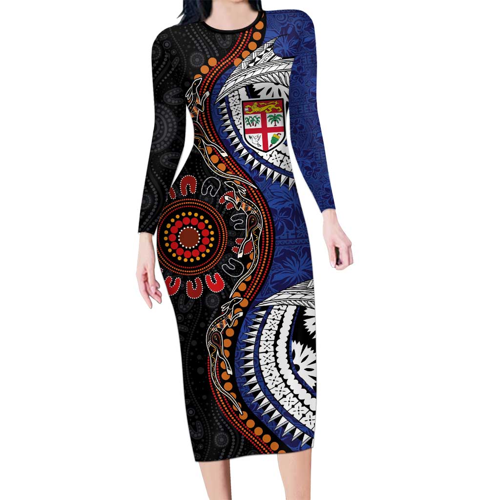 Fiji and Australia Together Long Sleeve Bodycon Dress Kangaroo Aboriginal with Tribal Tapa Hibiscus Half Style - Aussie Hoodie