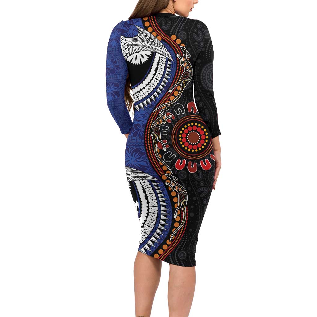 Fiji and Australia Together Long Sleeve Bodycon Dress Kangaroo Aboriginal with Tribal Tapa Hibiscus Half Style - Aussie Hoodie