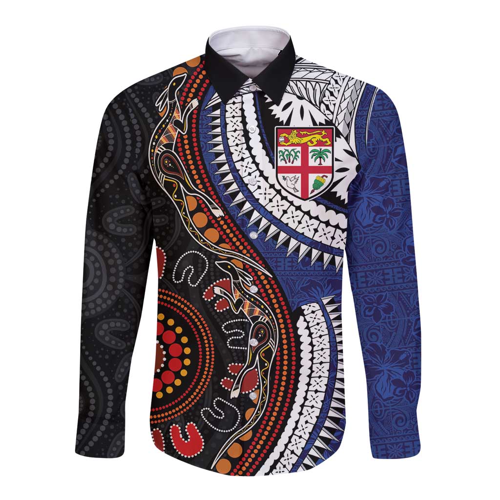 Fiji and Australia Together Long Sleeve Button Shirt Kangaroo Aboriginal with Tribal Tapa Hibiscus Half Style - Aussie Hoodie