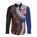 Fiji and Australia Together Long Sleeve Button Shirt Kangaroo Aboriginal with Tribal Tapa Hibiscus Half Style - Aussie Hoodie