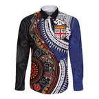 Fiji and Australia Together Long Sleeve Button Shirt Kangaroo Aboriginal with Tribal Tapa Hibiscus Half Style - Aussie Hoodie