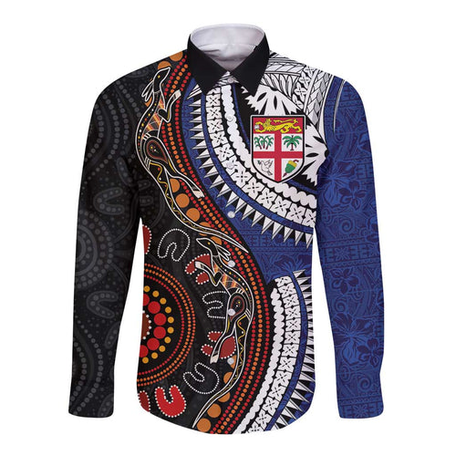 Fiji and Australia Together Long Sleeve Button Shirt Kangaroo Aboriginal with Tribal Tapa Hibiscus Half Style - Aussie Hoodie