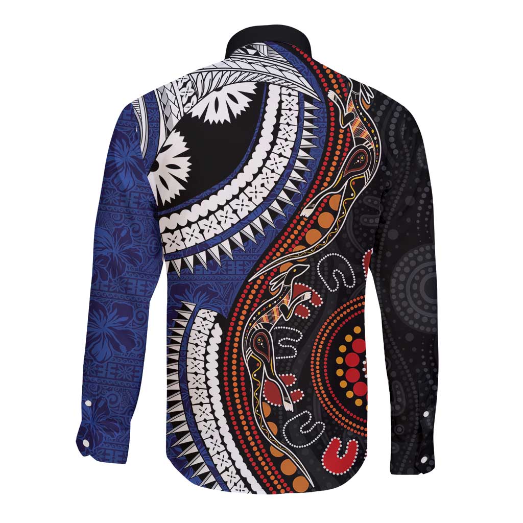 Fiji and Australia Together Long Sleeve Button Shirt Kangaroo Aboriginal with Tribal Tapa Hibiscus Half Style - Aussie Hoodie