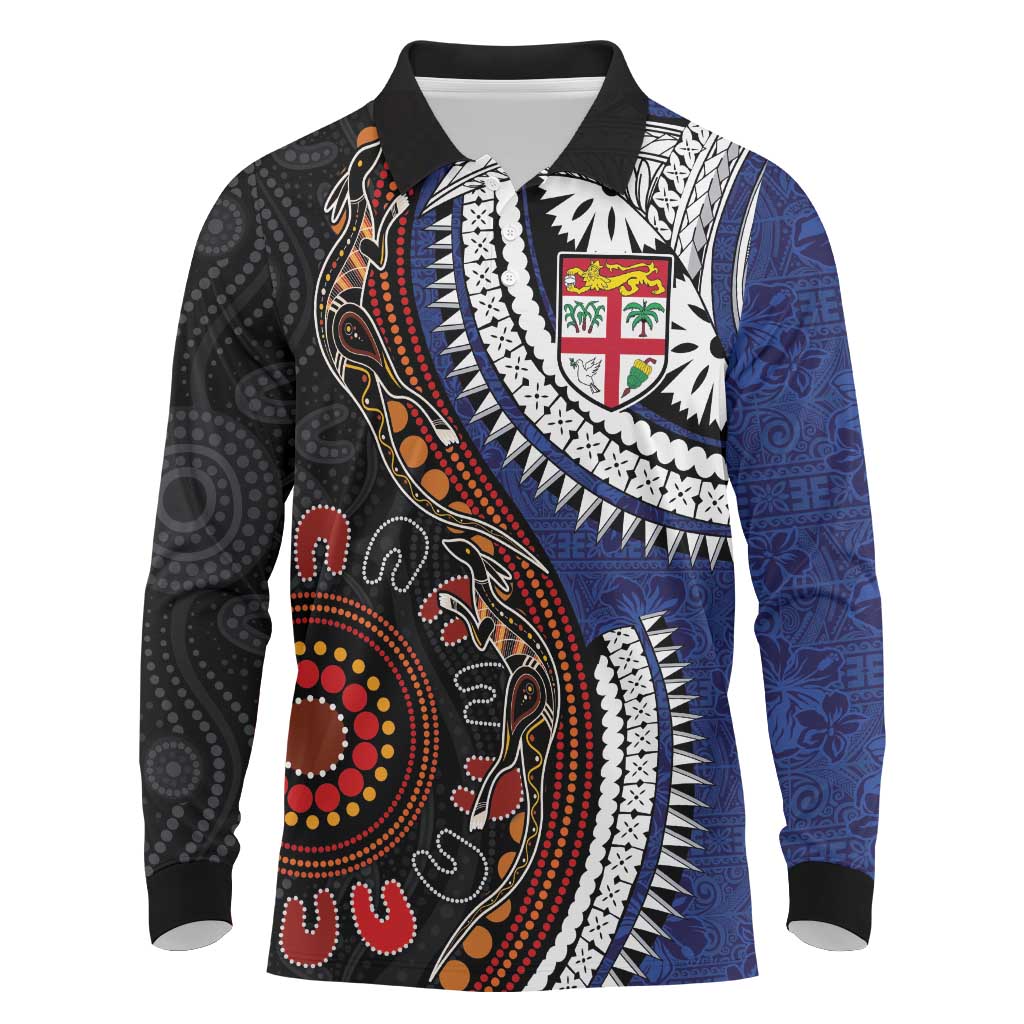 Fiji and Australia Together Long Sleeve Polo Shirt Kangaroo Aboriginal with Tribal Tapa Hibiscus Half Style - Aussie Hoodie