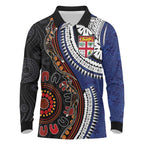 Fiji and Australia Together Long Sleeve Polo Shirt Kangaroo Aboriginal with Tribal Tapa Hibiscus Half Style - Aussie Hoodie