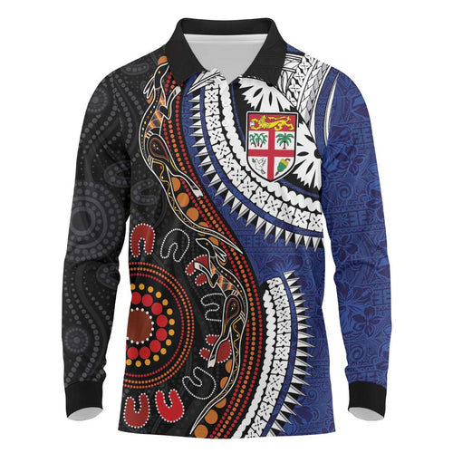 Fiji and Australia Together Long Sleeve Polo Shirt Kangaroo Aboriginal with Tribal Tapa Hibiscus Half Style - Aussie Hoodie