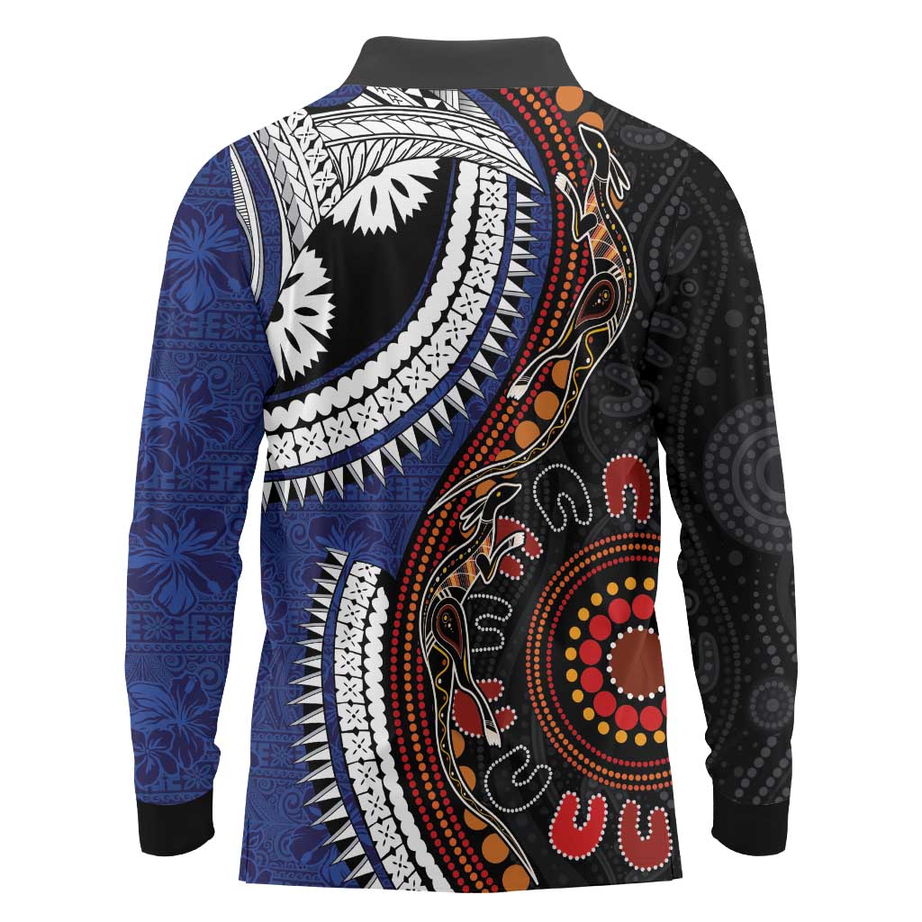 Fiji and Australia Together Long Sleeve Polo Shirt Kangaroo Aboriginal with Tribal Tapa Hibiscus Half Style - Aussie Hoodie