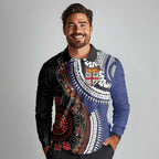 Fiji and Australia Together Long Sleeve Polo Shirt Kangaroo Aboriginal with Tribal Tapa Hibiscus Half Style - Aussie Hoodie