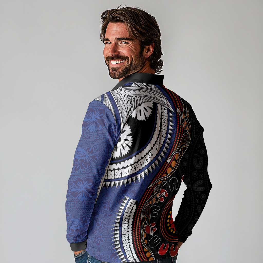 Fiji and Australia Together Long Sleeve Polo Shirt Kangaroo Aboriginal with Tribal Tapa Hibiscus Half Style - Aussie Hoodie