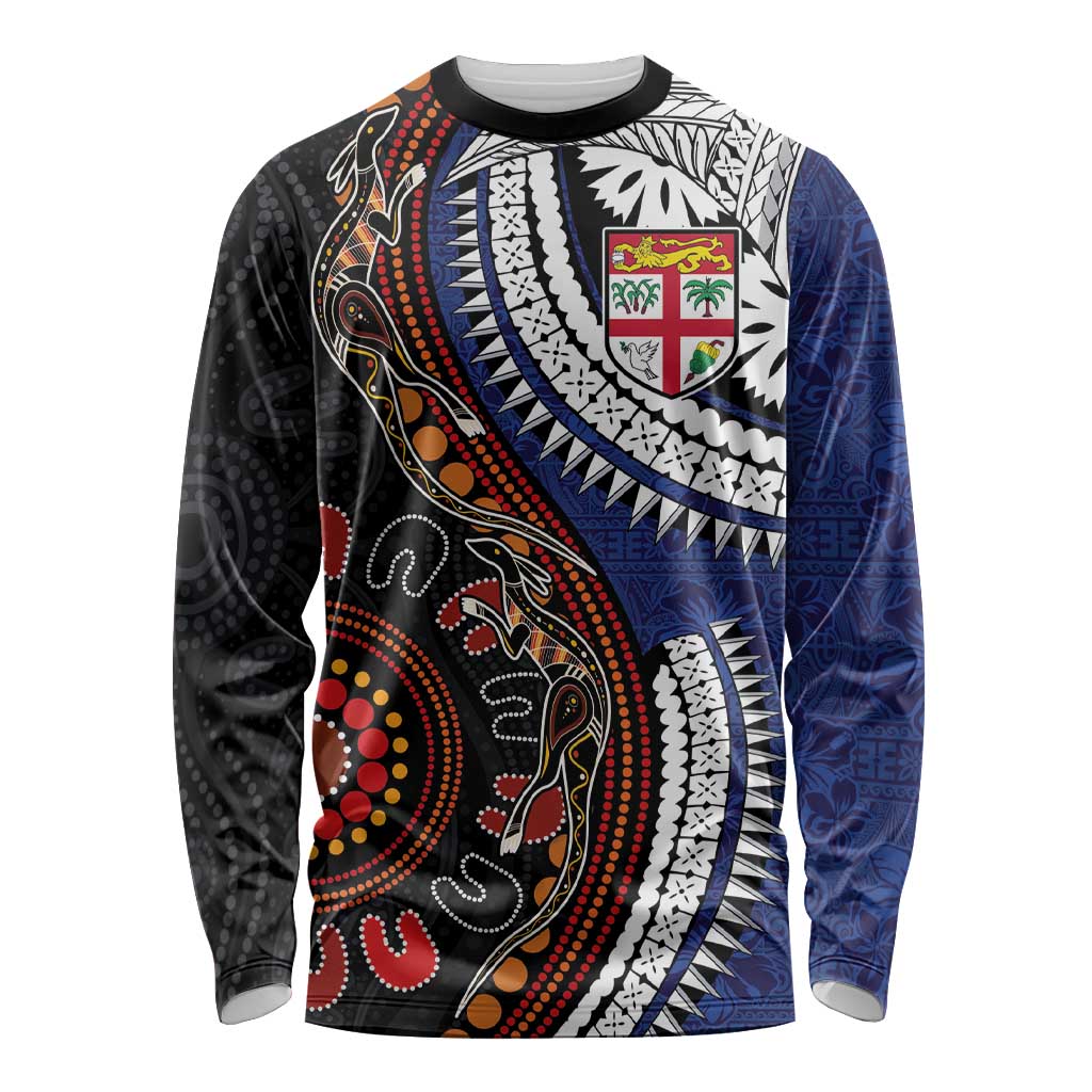 Fiji and Australia Together Long Sleeve Shirt Kangaroo Aboriginal with Tribal Tapa Hibiscus Half Style - Aussie Hoodie