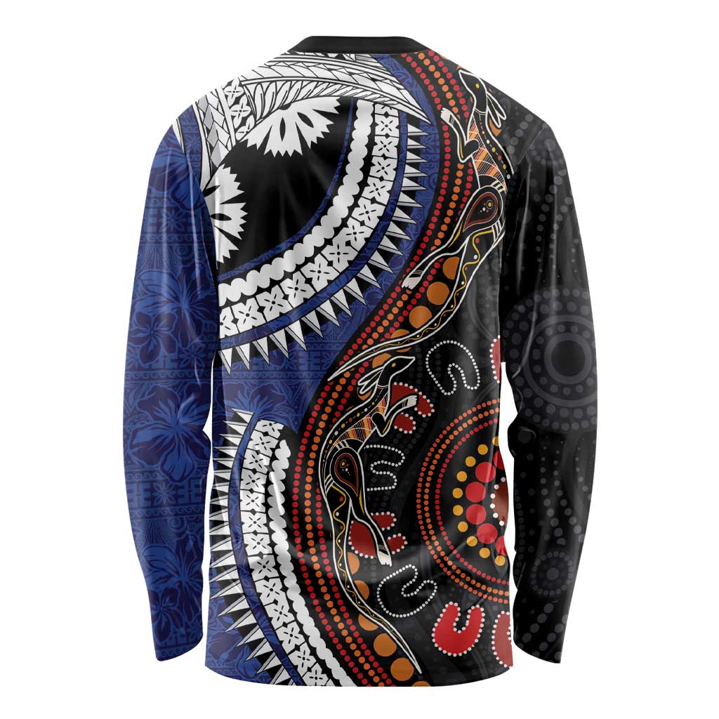 Fiji and Australia Together Long Sleeve Shirt Kangaroo Aboriginal with Tribal Tapa Hibiscus Half Style - Aussie Hoodie