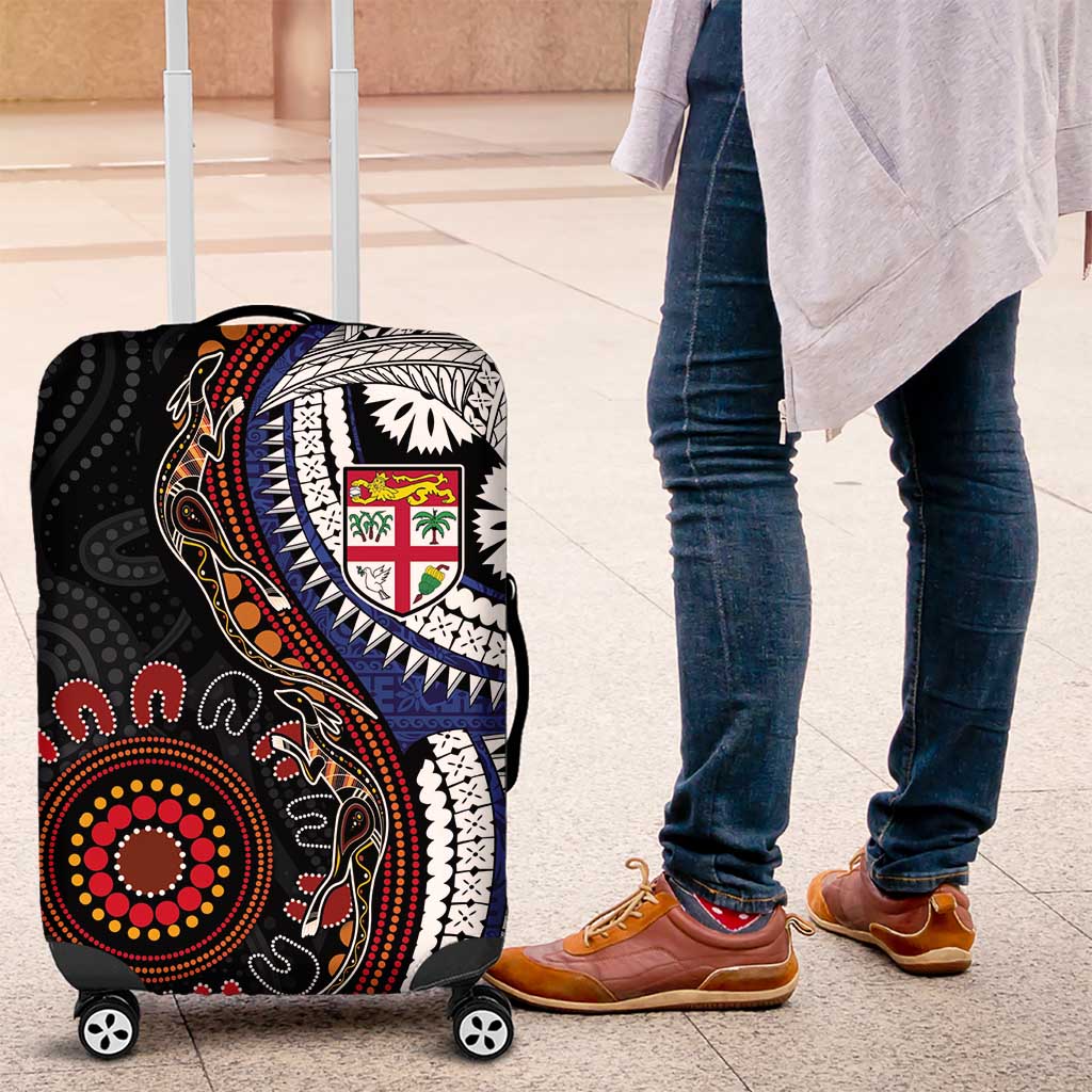 Fiji and Australia Together Luggage Cover Kangaroo Aboriginal with Tribal Tapa Hibiscus Half Style - Aussie Hoodie