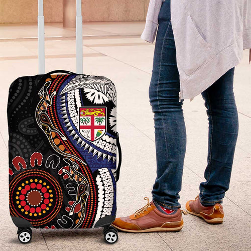 Fiji and Australia Together Luggage Cover Kangaroo Aboriginal with Tribal Tapa Hibiscus Half Style - Aussie Hoodie