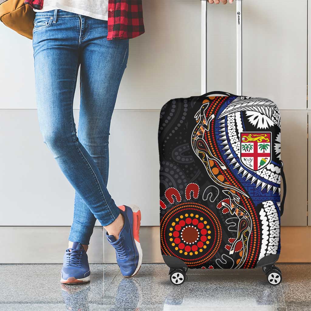 Fiji and Australia Together Luggage Cover Kangaroo Aboriginal with Tribal Tapa Hibiscus Half Style - Aussie Hoodie