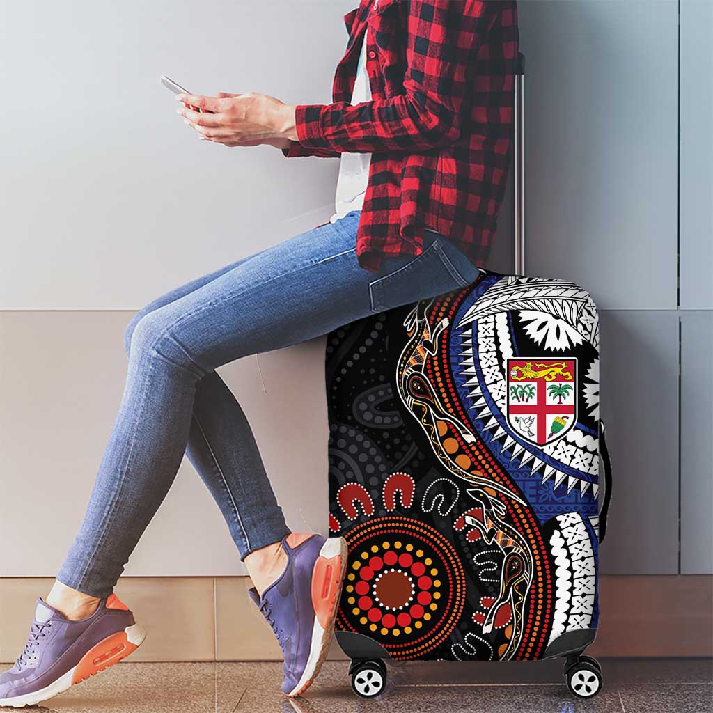 Fiji and Australia Together Luggage Cover Kangaroo Aboriginal with Tribal Tapa Hibiscus Half Style - Aussie Hoodie