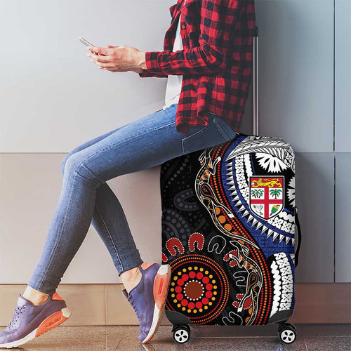 Fiji and Australia Together Luggage Cover Kangaroo Aboriginal with Tribal Tapa Hibiscus Half Style - Aussie Hoodie