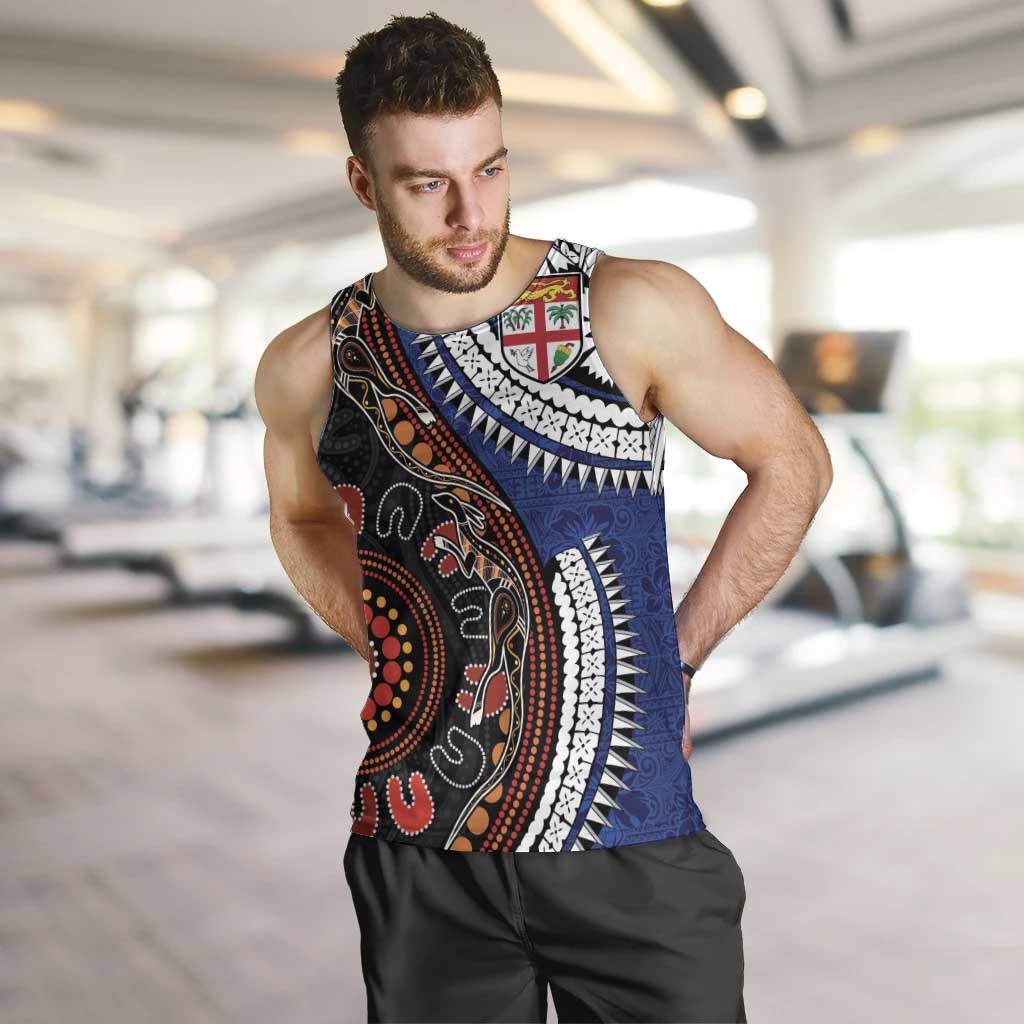 Fiji and Australia Together Men Tank Top Kangaroo Aboriginal with Tribal Tapa Hibiscus Half Style - Aussie Hoodie