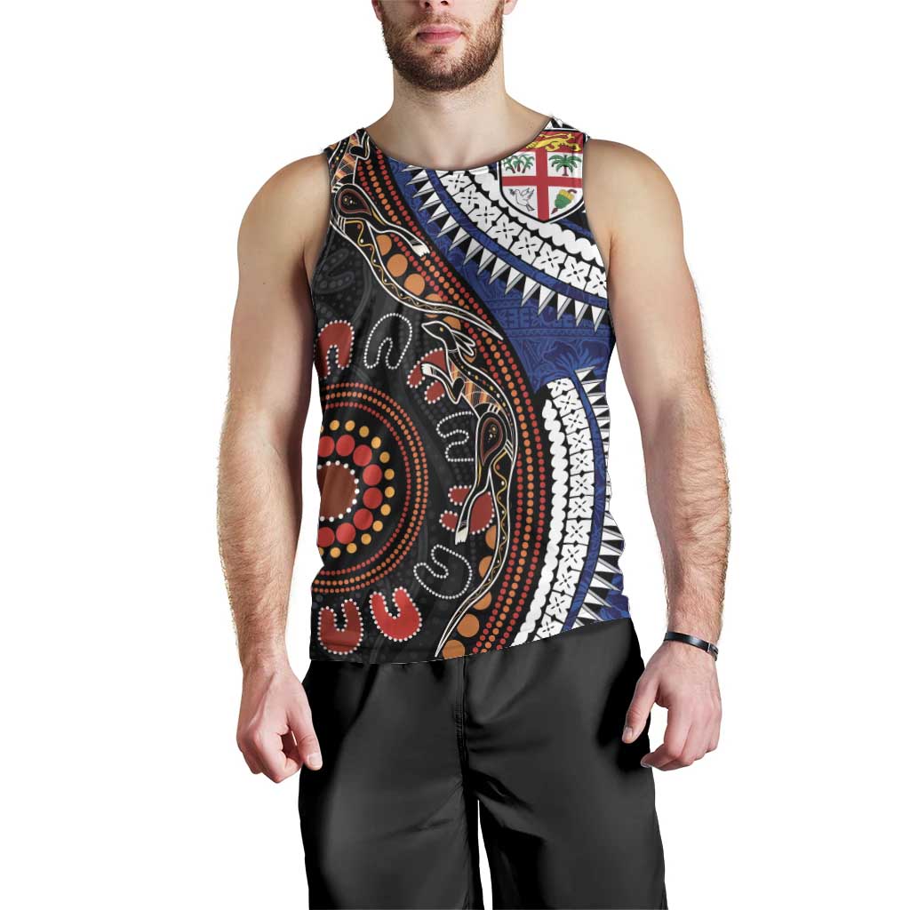 Fiji and Australia Together Men Tank Top Kangaroo Aboriginal with Tribal Tapa Hibiscus Half Style - Aussie Hoodie