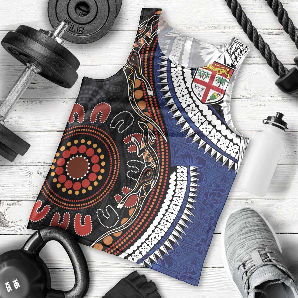 Fiji and Australia Together Men Tank Top Kangaroo Aboriginal with Tribal Tapa Hibiscus Half Style - Aussie Hoodie