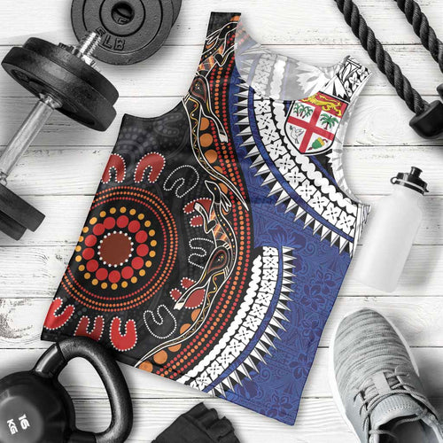 Fiji and Australia Together Men Tank Top Kangaroo Aboriginal with Tribal Tapa Hibiscus Half Style - Aussie Hoodie