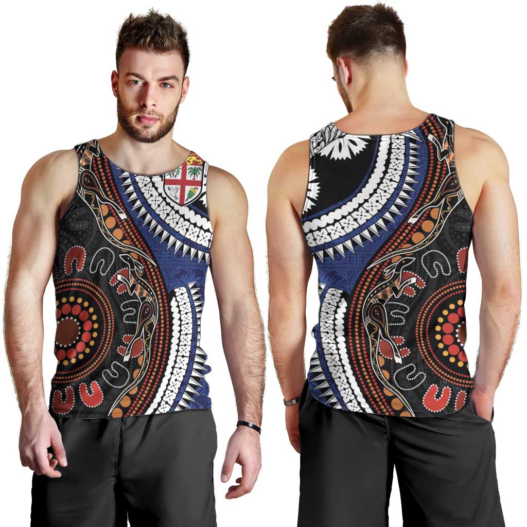 Fiji and Australia Together Men Tank Top Kangaroo Aboriginal with Tribal Tapa Hibiscus Half Style - Aussie Hoodie