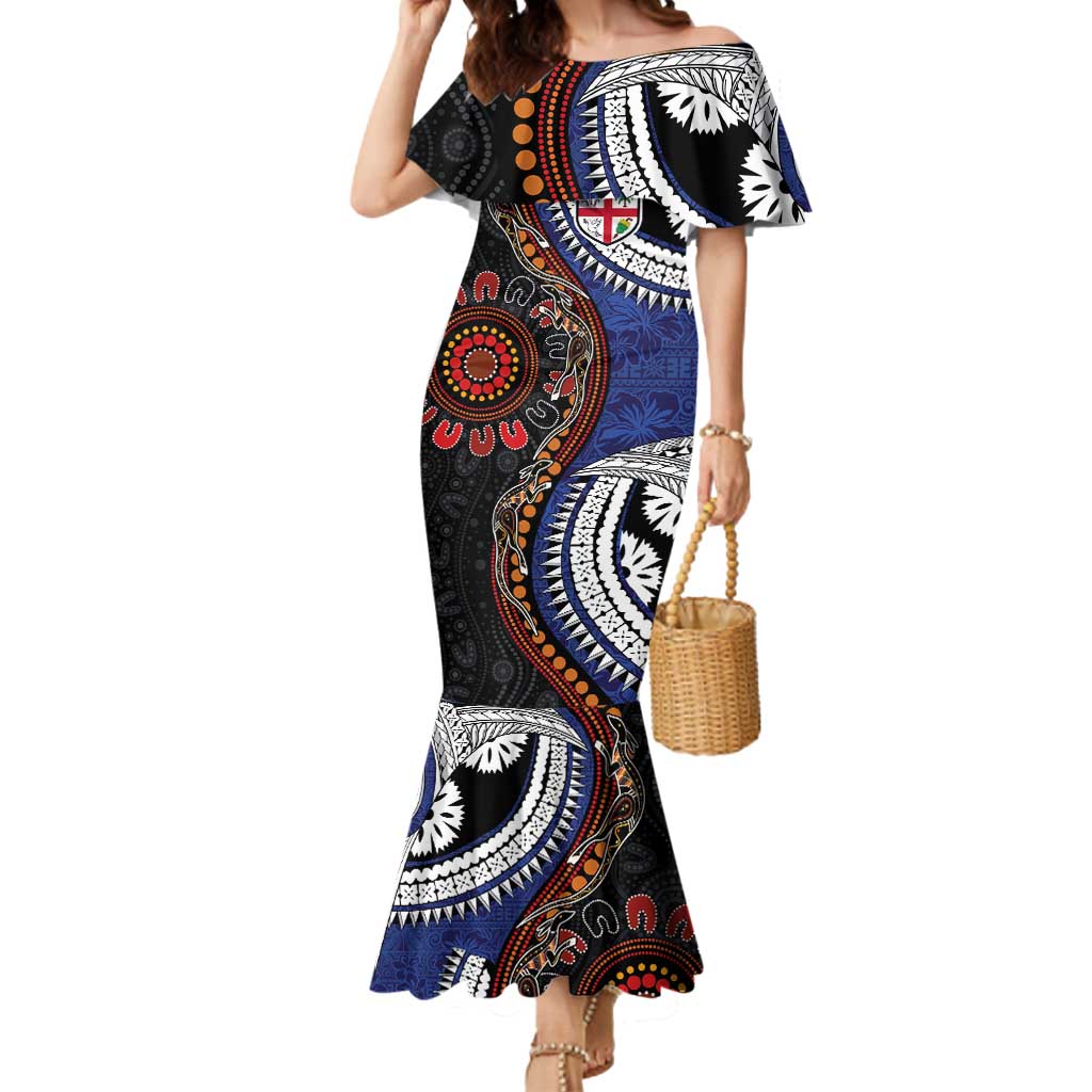 Fiji and Australia Together Mermaid Dress Kangaroo Aboriginal with Tribal Tapa Hibiscus Half Style - Aussie Hoodie
