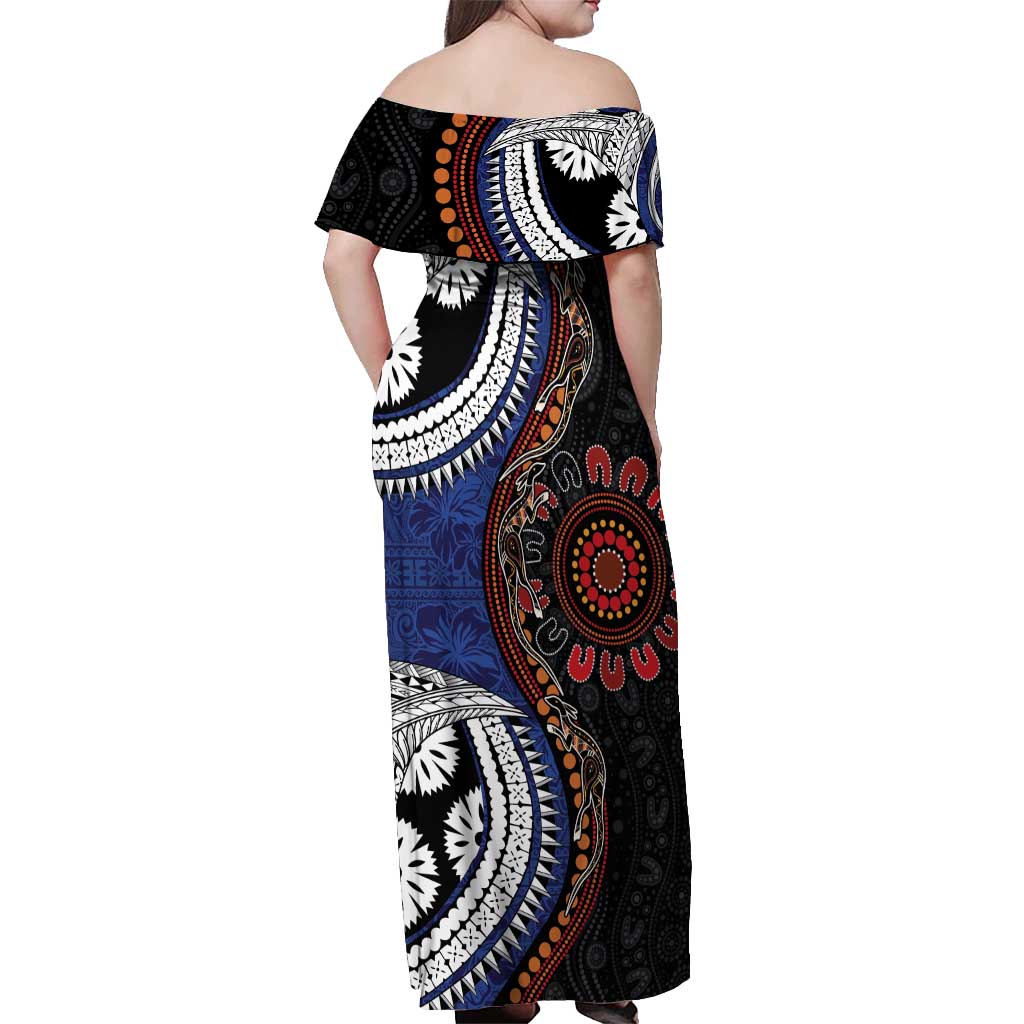 Fiji and Australia Together Off Shoulder Maxi Dress Kangaroo Aboriginal with Tribal Tapa Hibiscus Half Style - Aussie Hoodie