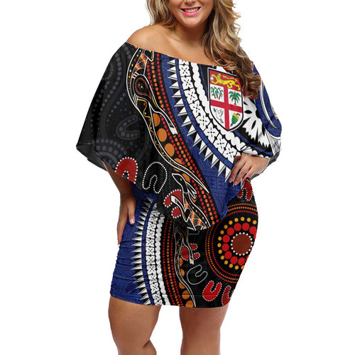 Fiji and Australia Together Off Shoulder Short Dress Kangaroo Aboriginal with Tribal Tapa Hibiscus Half Style - Aussie Hoodie