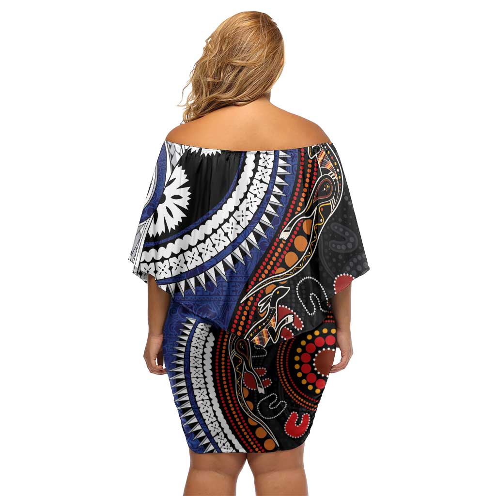 Fiji and Australia Together Off Shoulder Short Dress Kangaroo Aboriginal with Tribal Tapa Hibiscus Half Style - Aussie Hoodie