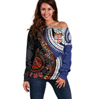 Fiji and Australia Together Off Shoulder Sweater Kangaroo Aboriginal with Tribal Tapa Hibiscus Half Style - Aussie Hoodie