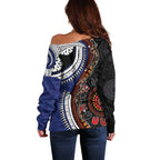 Fiji and Australia Together Off Shoulder Sweater Kangaroo Aboriginal with Tribal Tapa Hibiscus Half Style - Aussie Hoodie