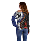 Fiji and Australia Together Off Shoulder Sweater Kangaroo Aboriginal with Tribal Tapa Hibiscus Half Style - Aussie Hoodie