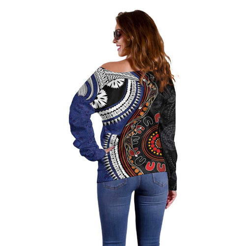 Fiji and Australia Together Off Shoulder Sweater Kangaroo Aboriginal with Tribal Tapa Hibiscus Half Style - Aussie Hoodie