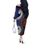 Fiji and Australia Together Off The Shoulder Long Sleeve Dress Kangaroo Aboriginal with Tribal Tapa Hibiscus Half Style - Aussie Hoodie
