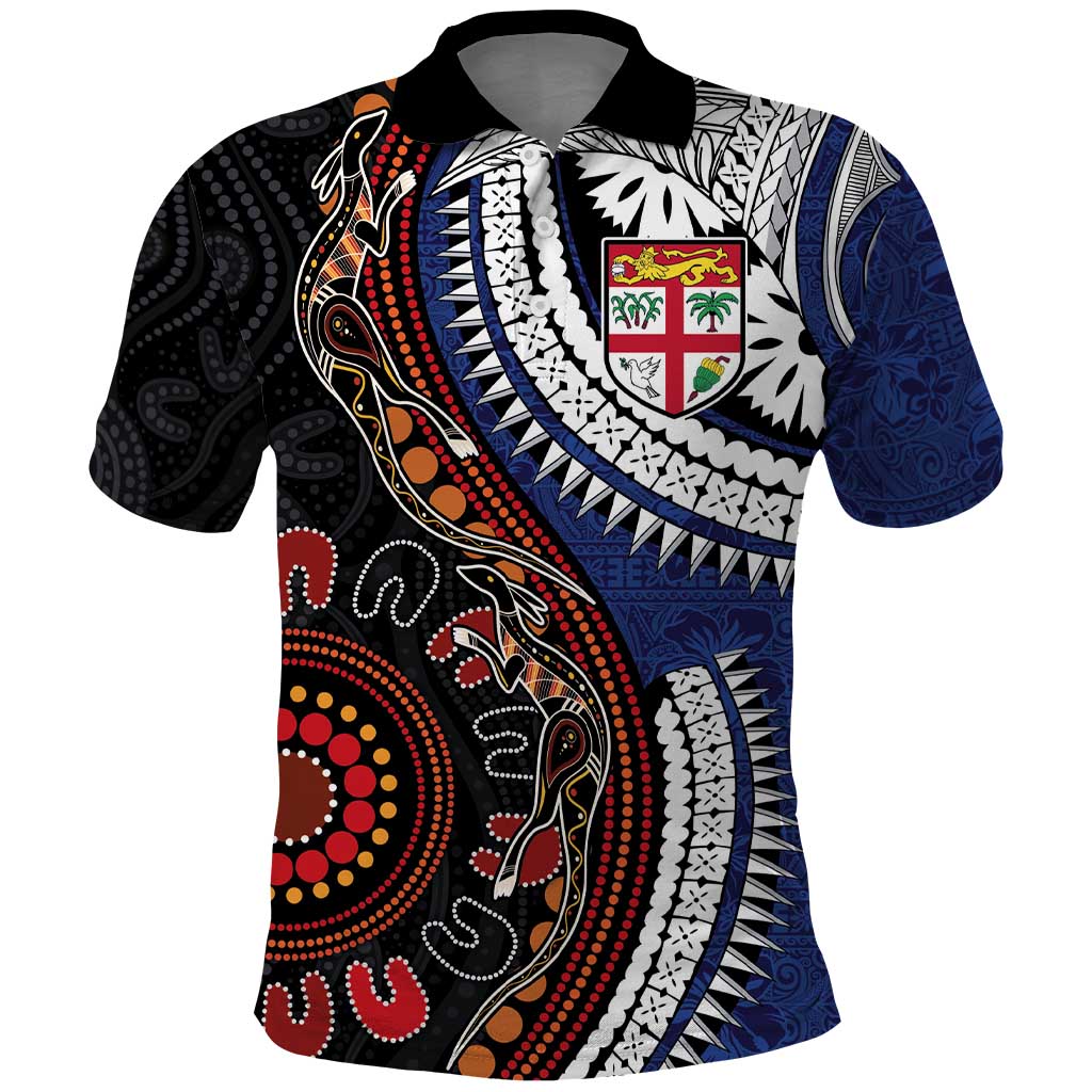Fiji and Australia Together Polo Shirt Kangaroo Aboriginal with Tribal Tapa Hibiscus Half Style - Aussie Hoodie