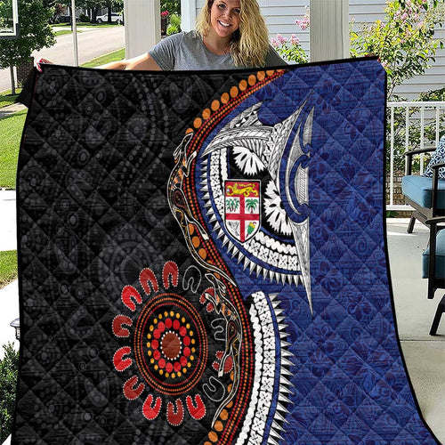 Fiji and Australia Together Quilt Kangaroo Aboriginal with Tribal Tapa Hibiscus Half Style - Aussie Hoodie