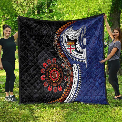 Fiji and Australia Together Quilt Kangaroo Aboriginal with Tribal Tapa Hibiscus Half Style - Aussie Hoodie
