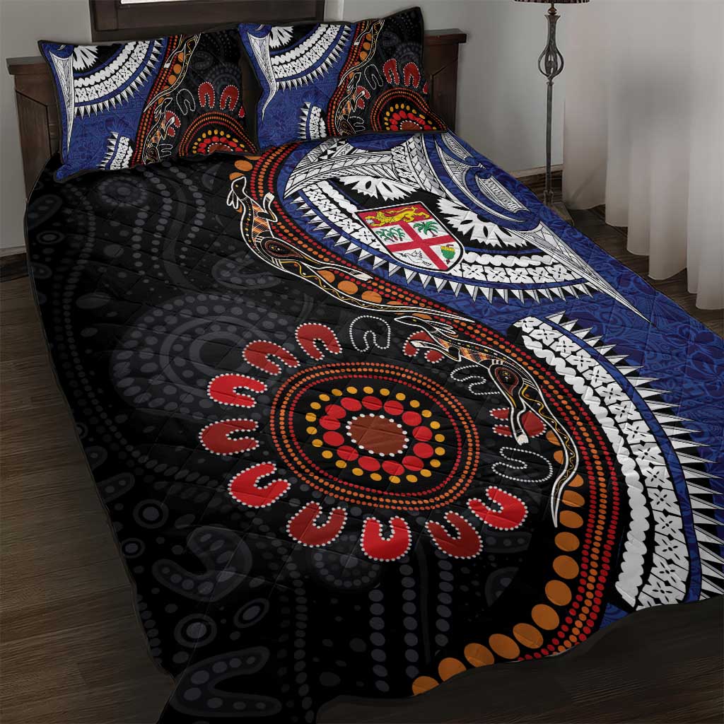 Fiji and Australia Together Quilt Bed Set Kangaroo Aboriginal with Tribal Tapa Hibiscus Half Style - Aussie Hoodie